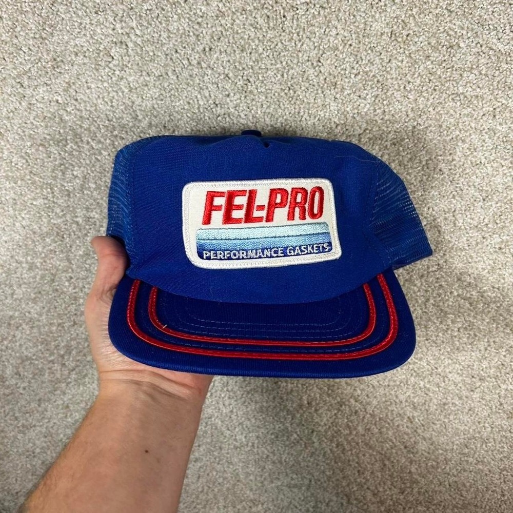 Vintage 80s Fel Pro blue farming racing mesh trucker SnapBack hat cap